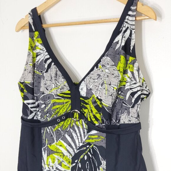 SwimSuit One Piece Green Blue Floral Dress Bathing Suit Adjustable Strap Sz XL - Picture 3 of 14